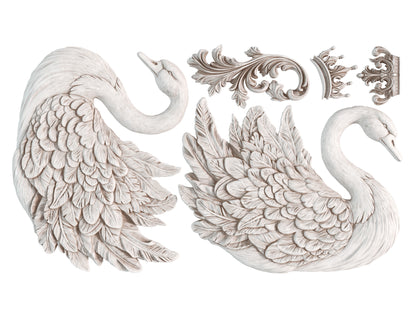Swans IOD Mould | 6x10 Silicone Decor Mould by Iron Orchid Designs | Elegant Swan, Wings & Scroll Embellishments