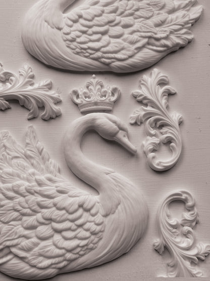 Swans IOD Mould | 6x10 Silicone Decor Mould by Iron Orchid Designs | Elegant Swan, Wings & Scroll Embellishments