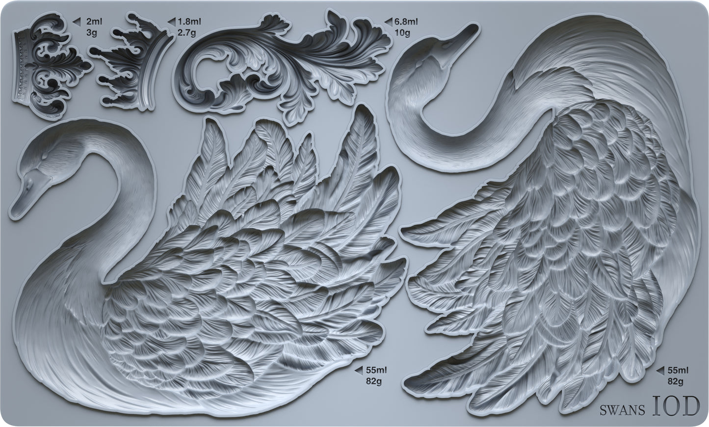 Swans IOD Mould | 6x10 Silicone Decor Mould by Iron Orchid Designs | Elegant Swan, Wings & Scroll Embellishments