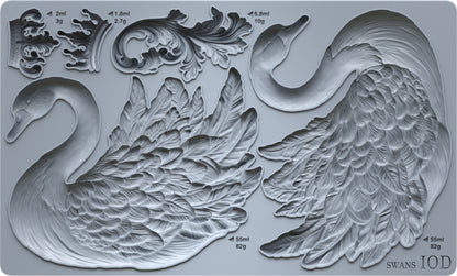 Swans IOD Mould | 6x10 Silicone Decor Mould by Iron Orchid Designs | Elegant Swan, Wings & Scroll Embellishments