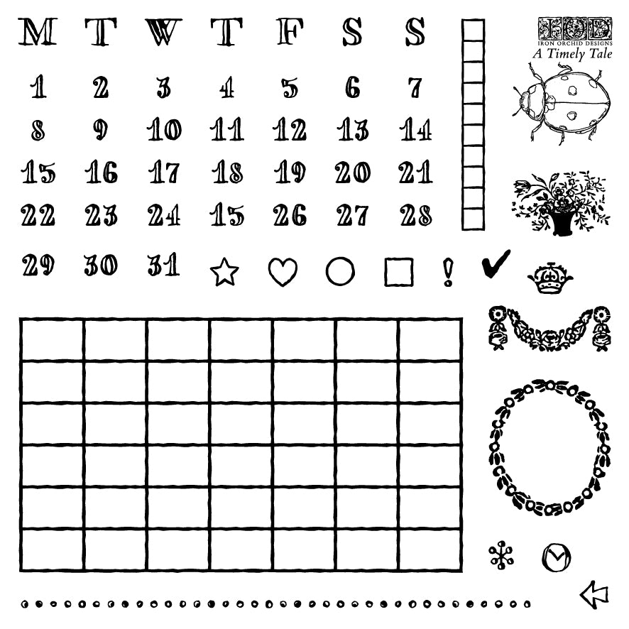 A Timely Tale IOD Stamp | 6x6 Vintage Calendar & Botanical Decor Stamp Sheet Set by Iron Orchid Designs | Journal, Planner & Farmhouse Craft Stamp Set