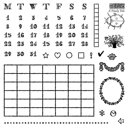 A Timely Tale IOD Stamp | 6x6 Vintage Calendar & Botanical Decor Stamp Sheet Set by Iron Orchid Designs | Journal, Planner & Farmhouse Craft Stamp Set