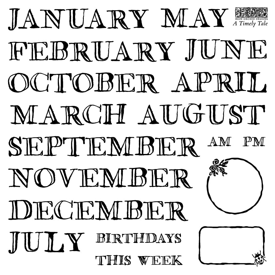 A Timely Tale IOD Stamp | 6x6 Vintage Calendar & Botanical Decor Stamp Sheet Set by Iron Orchid Designs | Journal, Planner & Farmhouse Craft Stamp Set