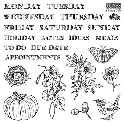 A Timely Tale IOD Stamp | 6x6 Vintage Calendar & Botanical Decor Stamp Sheet Set by Iron Orchid Designs | Journal, Planner & Farmhouse Craft Stamp Set