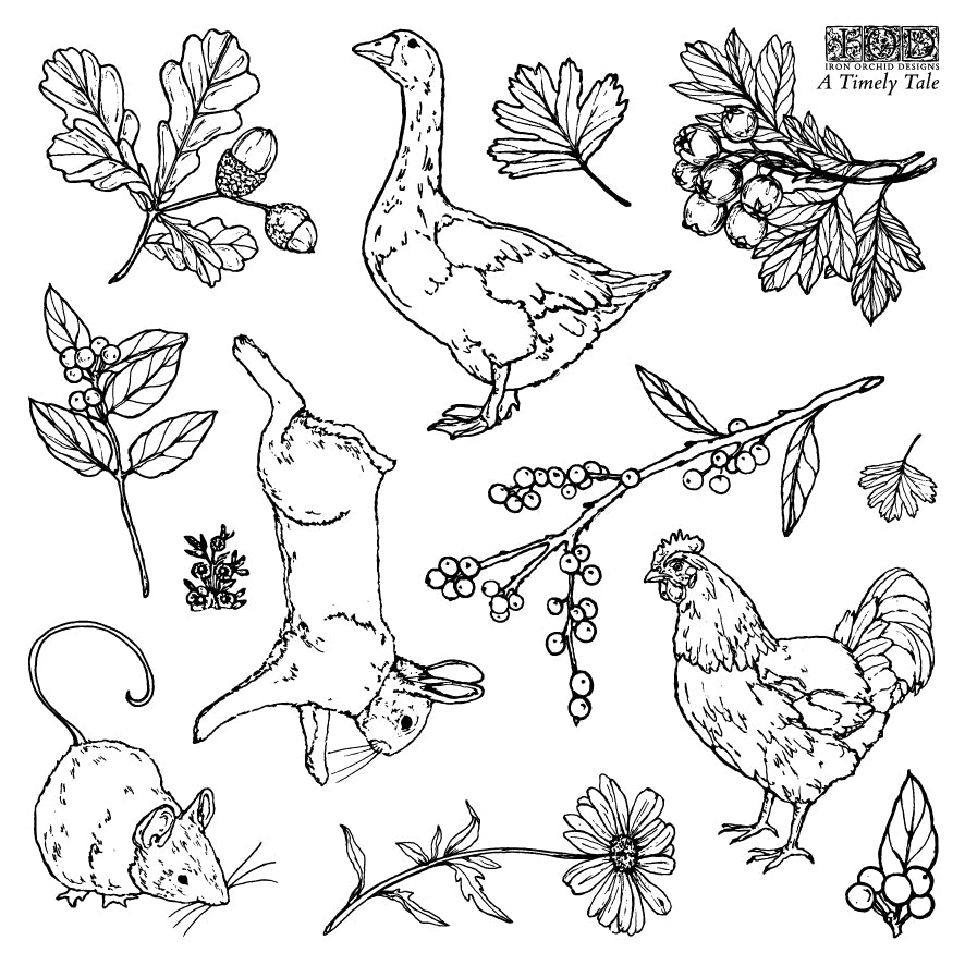 A Timely Tale IOD Stamp | 6x6 Vintage Calendar & Botanical Decor Stamp Sheet Set by Iron Orchid Designs | Journal, Planner & Farmhouse Craft Stamp Set