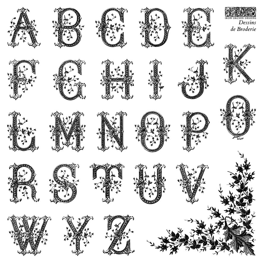 Dessins de Broderie IOD Stamp | 6x6 Decor Stamp Set by Iron Orchid Designs | Vintage Floral Alphabet & Monogram Stamp