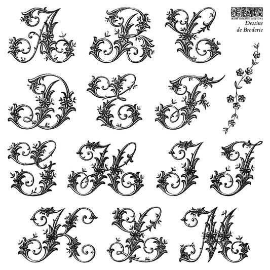 Dessins de Broderie IOD Stamp | 6x6 Decor Stamp Set by Iron Orchid Designs | Vintage Floral Alphabet & Monogram Stamp