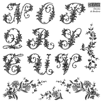 Dessins de Broderie IOD Stamp | 6x6 Decor Stamp Set by Iron Orchid Designs | Vintage Floral Alphabet & Monogram Stamp