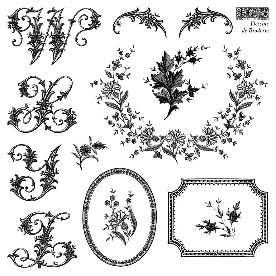 Dessins de Broderie IOD Stamp | 6x6 Decor Stamp Set by Iron Orchid Designs | Vintage Floral Alphabet & Monogram Stamp