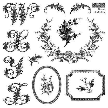 Dessins de Broderie IOD Stamp | 6x6 Decor Stamp Set by Iron Orchid Designs | Vintage Floral Alphabet & Monogram Stamp