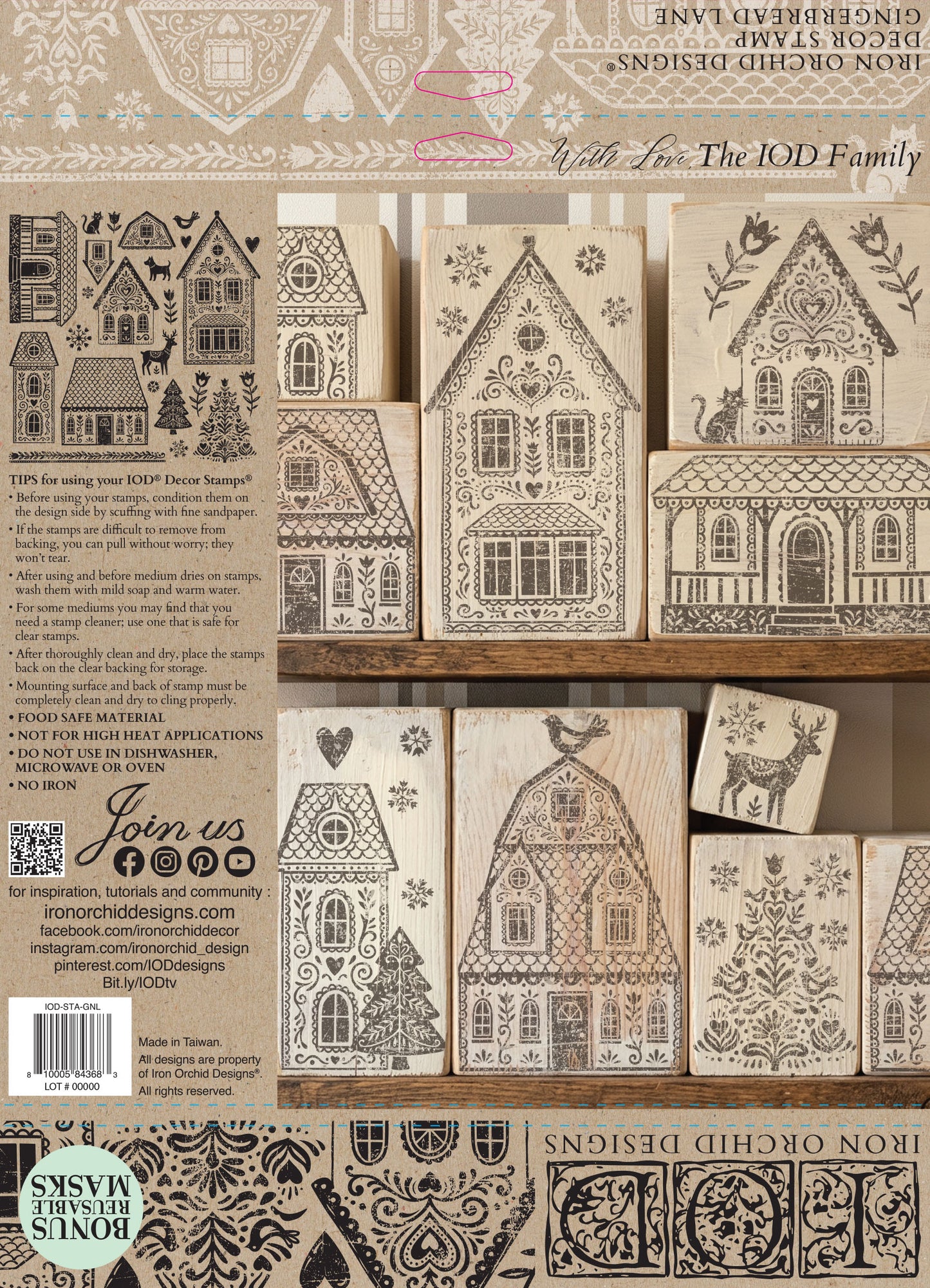 Gingerbread Lane IOD Stamp | 12x12 Gingerbread Village Decor Stamp Sheet by Iron Orchid Designs | Christmas Village Holiday Craft Stamp with Masks