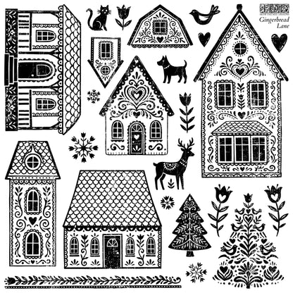 Gingerbread Lane IOD Stamp | 12x12 Gingerbread Village Decor Stamp Sheet by Iron Orchid Designs | Christmas Village Holiday Craft Stamp with Masks