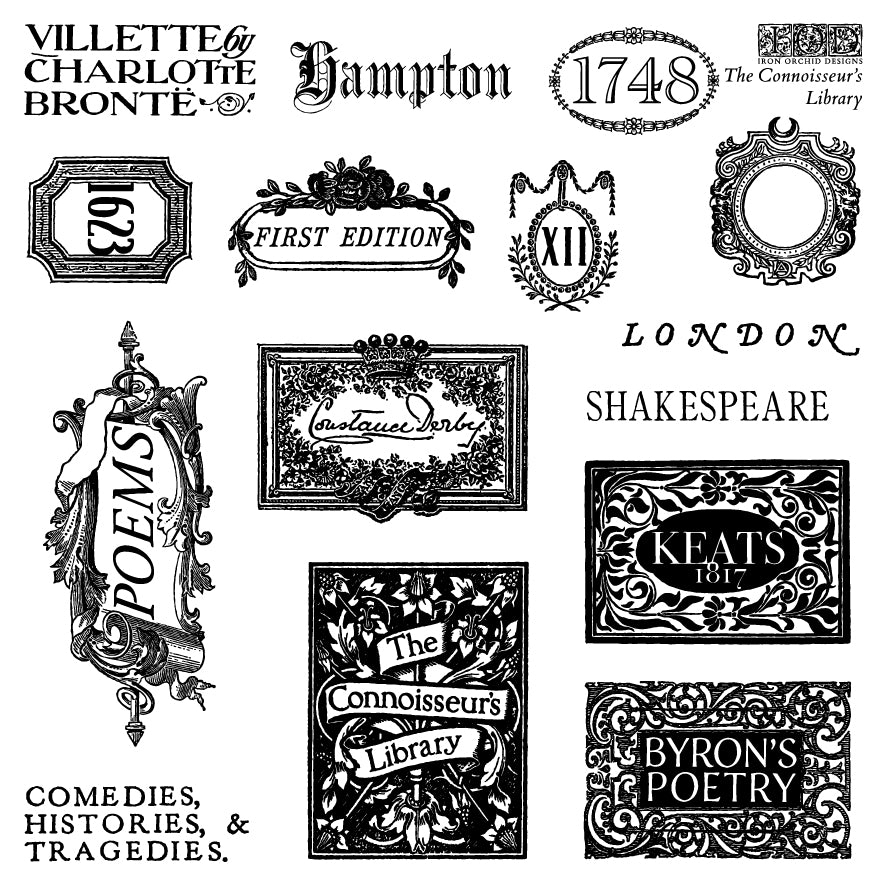 Connoisseur’s Library IOD Stamp | 6x6 Decor Stamp Set by Iron Orchid Designs | Vintage Books, Botanical & Label Designs