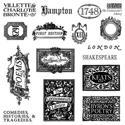 Connoisseur’s Library IOD Stamp | 6x6 Decor Stamp Set by Iron Orchid Designs | Vintage Books, Botanical & Label Designs