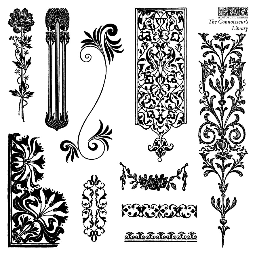 Connoisseur’s Library IOD Stamp | 6x6 Decor Stamp Set by Iron Orchid Designs | Vintage Books, Botanical & Label Designs
