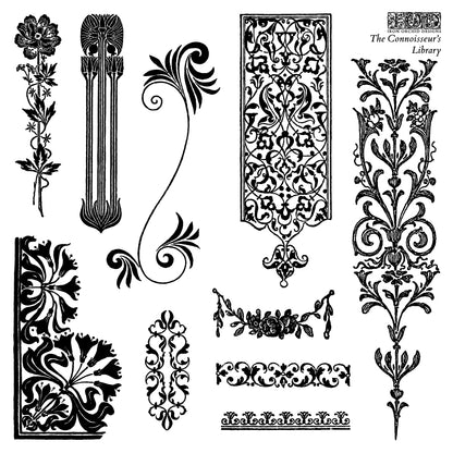 Connoisseur’s Library IOD Stamp | 6x6 Decor Stamp Set by Iron Orchid Designs | Vintage Books, Botanical & Label Designs