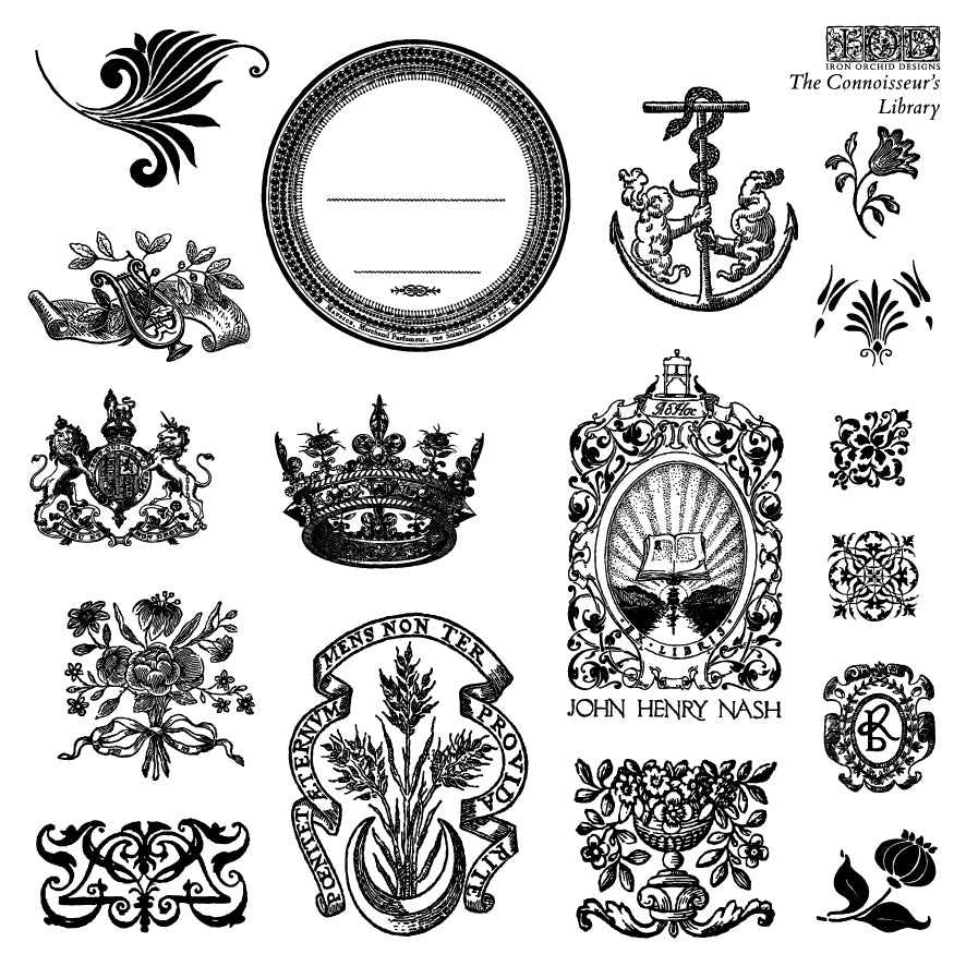 Connoisseur’s Library IOD Stamp | 6x6 Decor Stamp Set by Iron Orchid Designs | Vintage Books, Botanical & Label Designs