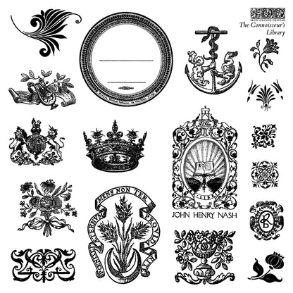 Connoisseur’s Library IOD Stamp | 6x6 Decor Stamp Set by Iron Orchid Designs | Vintage Books, Botanical & Label Designs