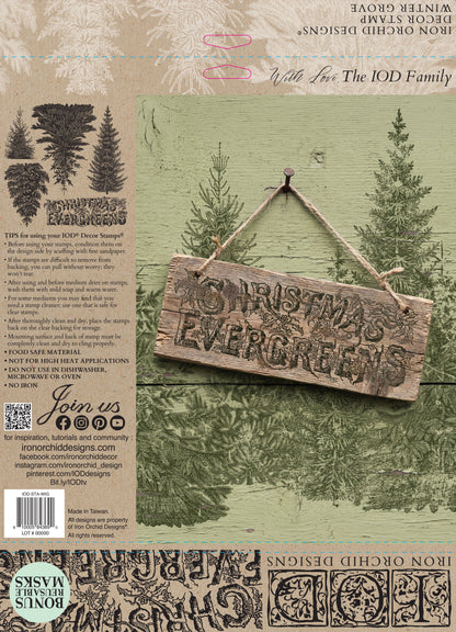 Winter Grove IOD Stamp | 12x12 Evergreen Tree Decor Stamp Sheet by Iron Orchid Designs | Woodland Christmas Background Stamp with Masks
