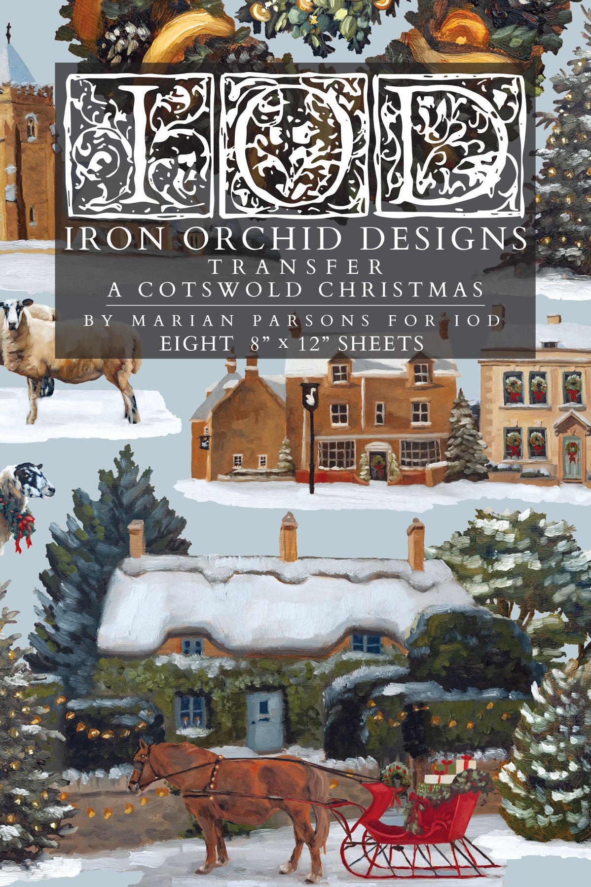 A Cotswold Christmas IOD Transfer | 8x12 Vintage English Christmas Decor Transfer by Iron Orchid Designs | Holiday Village Rub-On Transfer Set
