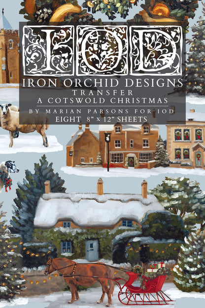 A Cotswold Christmas IOD Transfer | 8x12 Vintage English Christmas Decor Transfer by Iron Orchid Designs | Holiday Village Rub-On Transfer Set