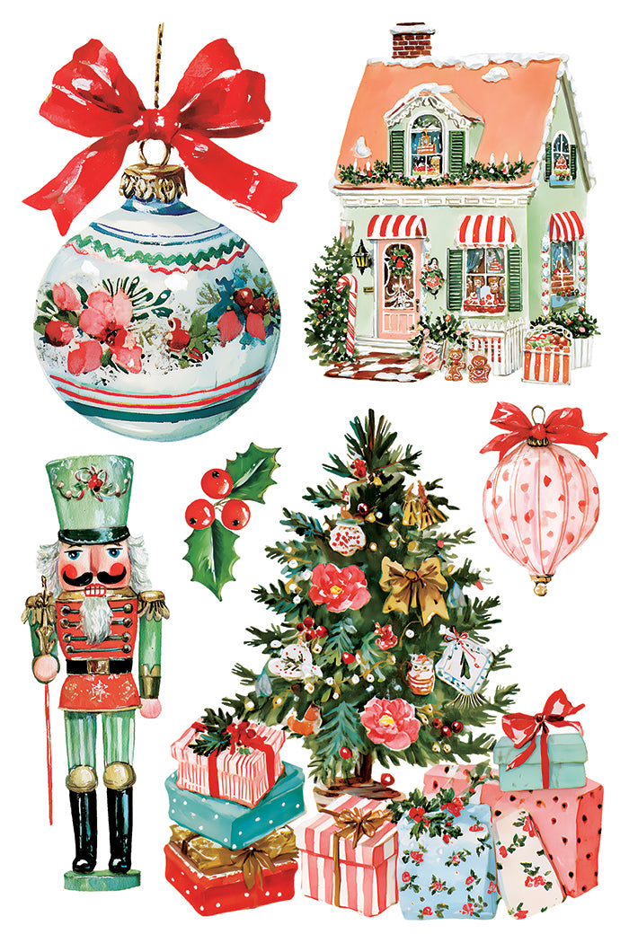 Darling Holiday IOD Transfer | 8x12 Vintage Christmas Decor Transfer by Iron Orchid Designs | Whimsical Santa & Holiday Rub-On Transfer Set