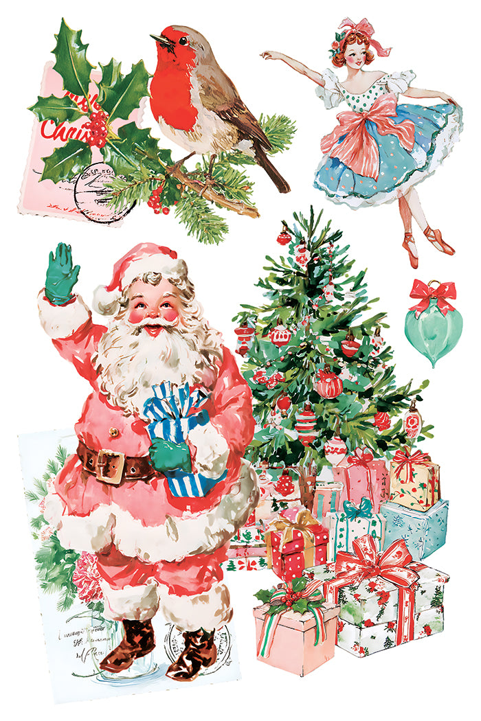 Darling Holiday IOD Transfer | 8x12 Vintage Christmas Decor Transfer by Iron Orchid Designs | Whimsical Santa & Holiday Rub-On Transfer Set