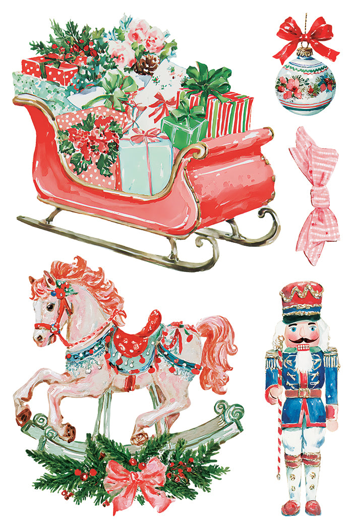Darling Holiday IOD Transfer | 8x12 Vintage Christmas Decor Transfer by Iron Orchid Designs | Whimsical Santa & Holiday Rub-On Transfer Set