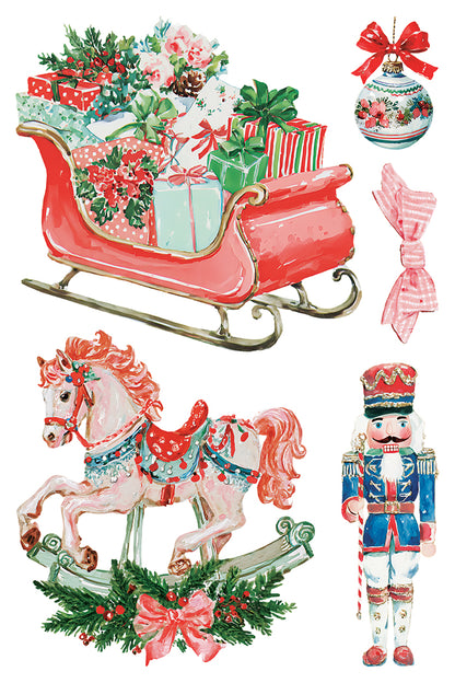 Darling Holiday IOD Transfer | 8x12 Vintage Christmas Decor Transfer by Iron Orchid Designs | Whimsical Santa & Holiday Rub-On Transfer Set