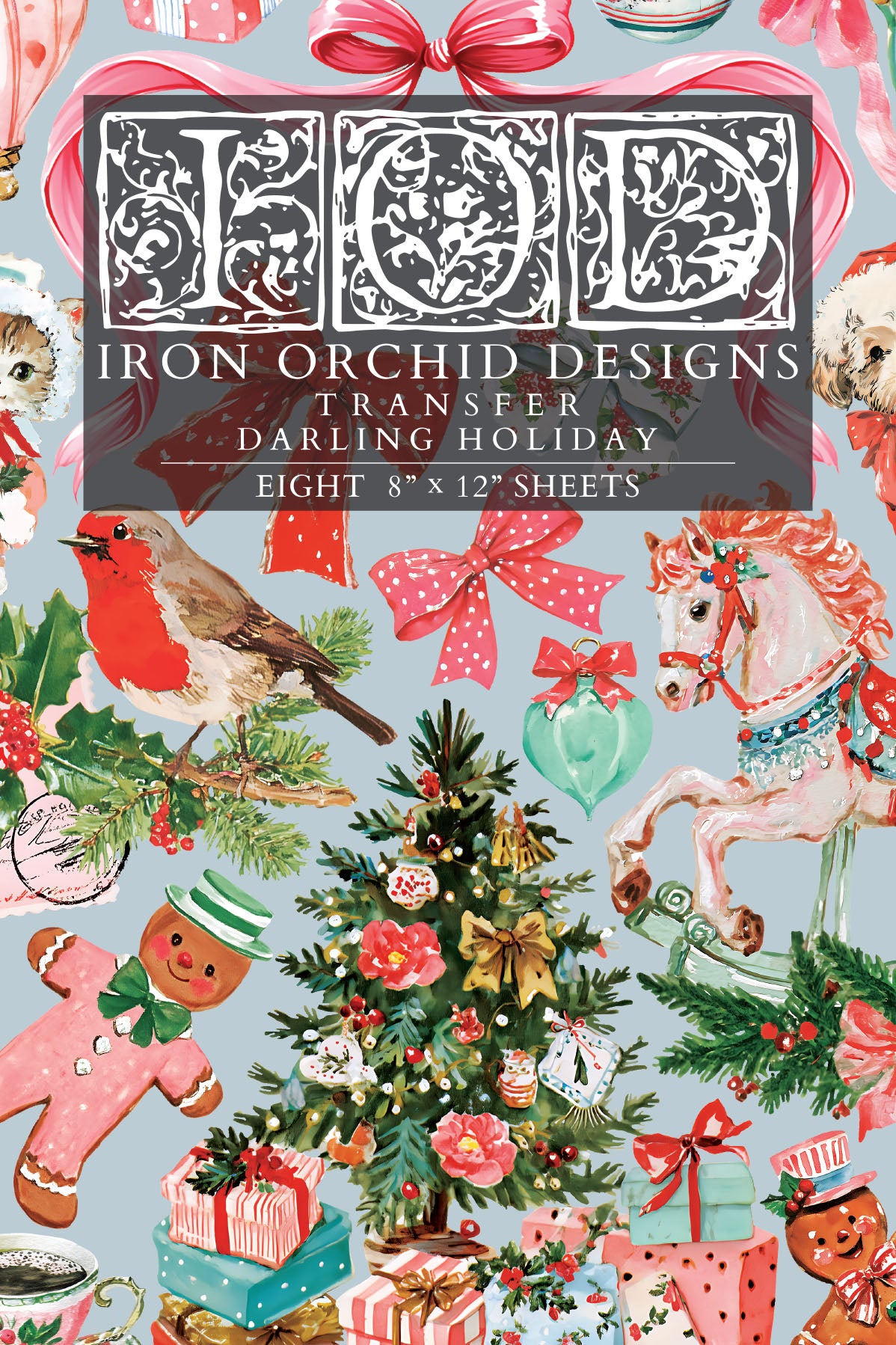 Darling Holiday IOD Transfer | 8x12 Vintage Christmas Decor Transfer by Iron Orchid Designs | Whimsical Santa & Holiday Rub-On Transfer Set