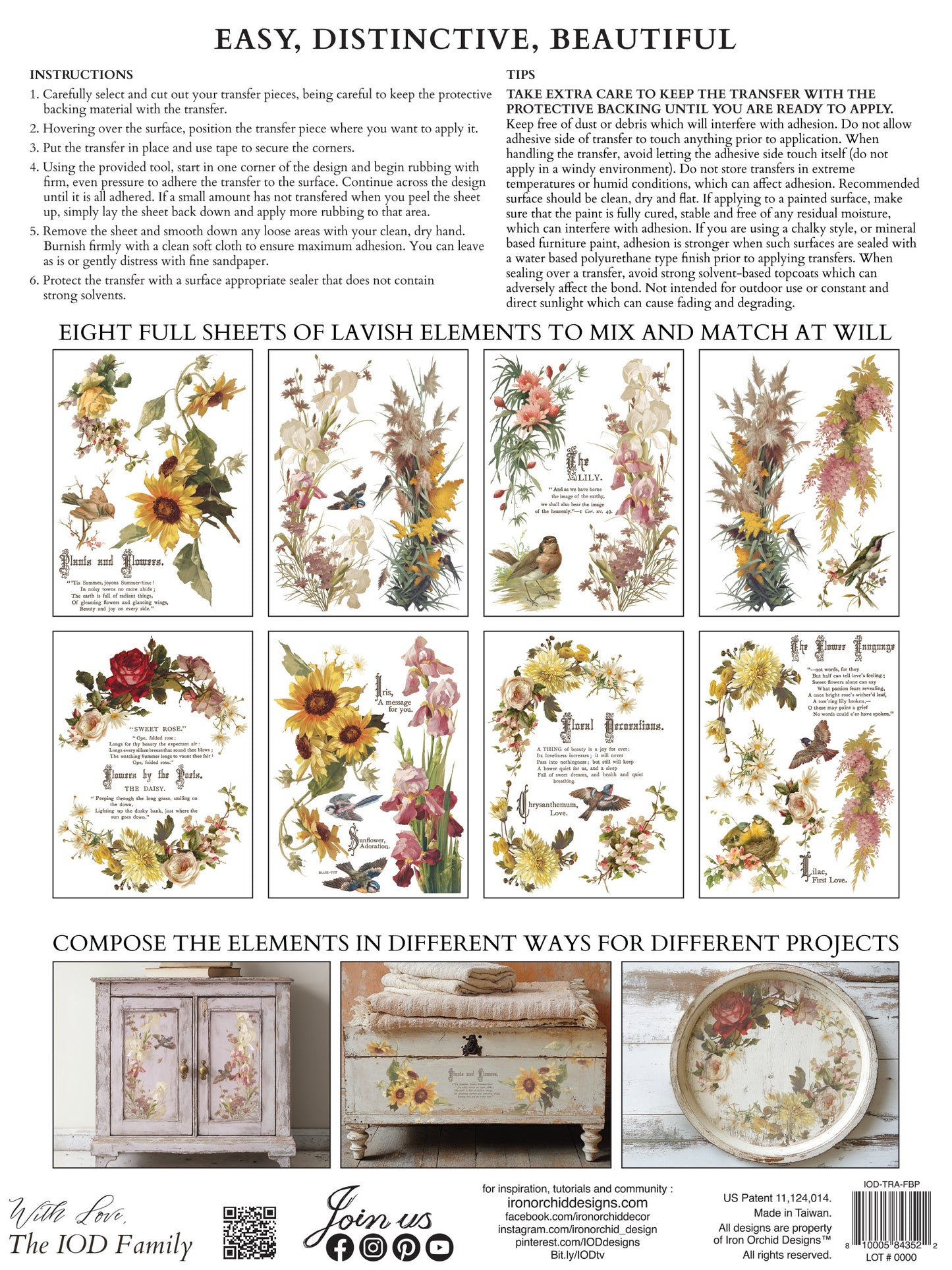 Flowers by the Poets IOD Transfer | 8 Sheet Large Decor Transfer by Iron Orchid Designs | Vintage Floral, Birds & Botanical Designs