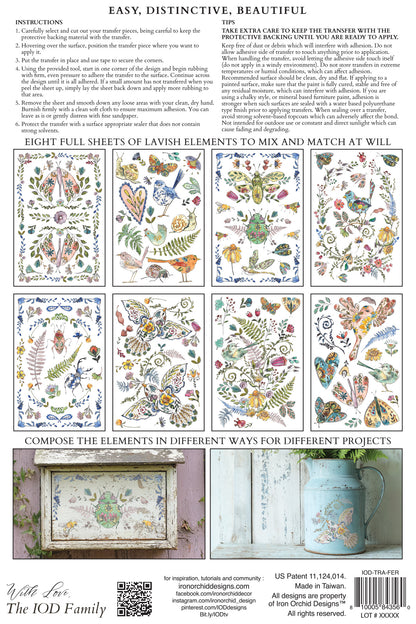 IOD Fern Fables Transfer | 8-8"x12" Sheet Decor Transfer by Iron Orchid Designs | Whimsical Birds, Butterflies & Botanical Designs