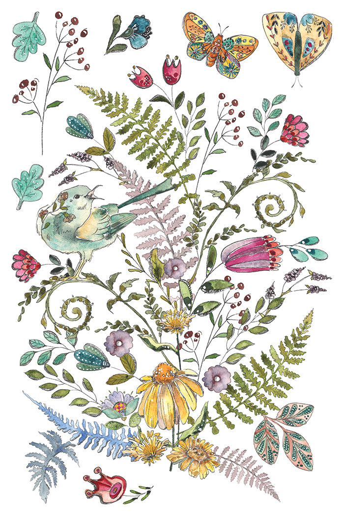 IOD Fern Fables Transfer | 8-8"x12" Sheet Decor Transfer by Iron Orchid Designs | Whimsical Birds, Butterflies & Botanical Designs
