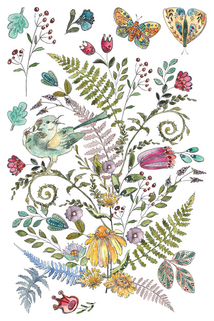 IOD Fern Fables Transfer | 8-8"x12" Sheet Decor Transfer by Iron Orchid Designs | Whimsical Birds, Butterflies & Botanical Designs