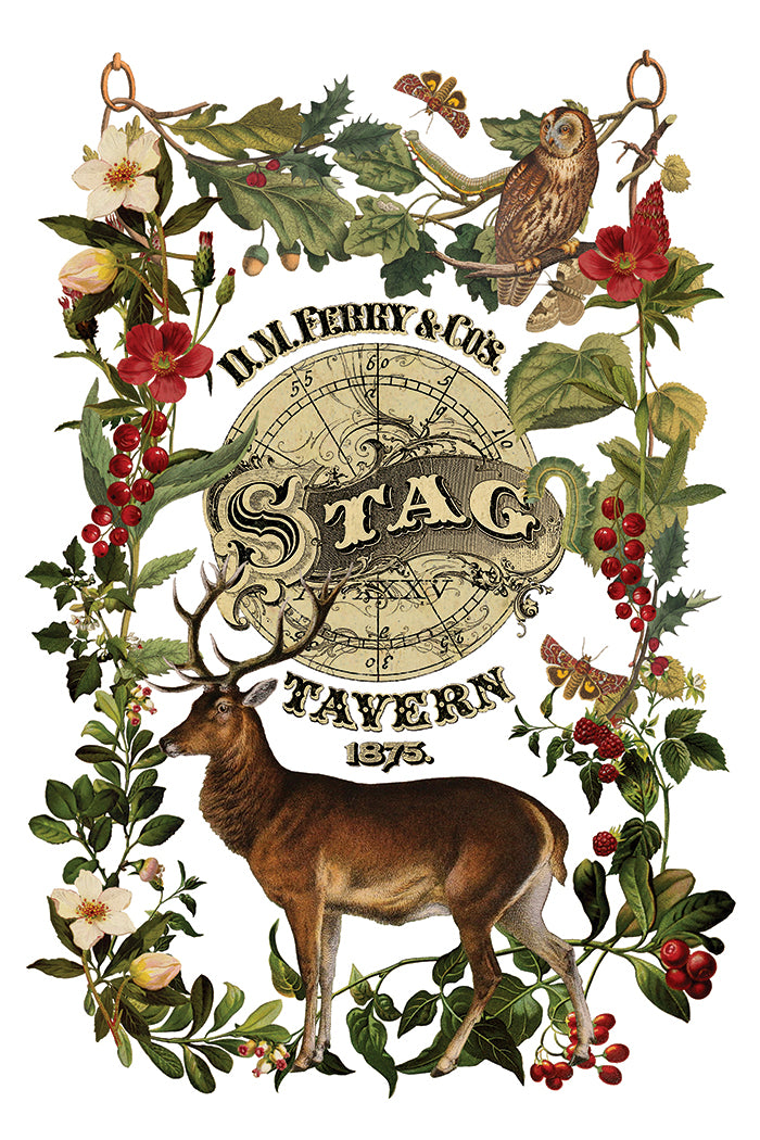 Stag Tavern IOD Transfer | 8x12 Vintage Woodland Christmas Decor Transfer by Iron Orchid Designs | Rustic Holiday Rub-On Transfer Set (Copy)