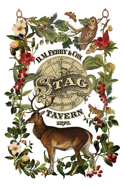 Stag Tavern IOD Transfer | 8x12 Vintage Woodland Christmas Decor Transfer by Iron Orchid Designs | Rustic Holiday Rub-On Transfer Set (Copy)