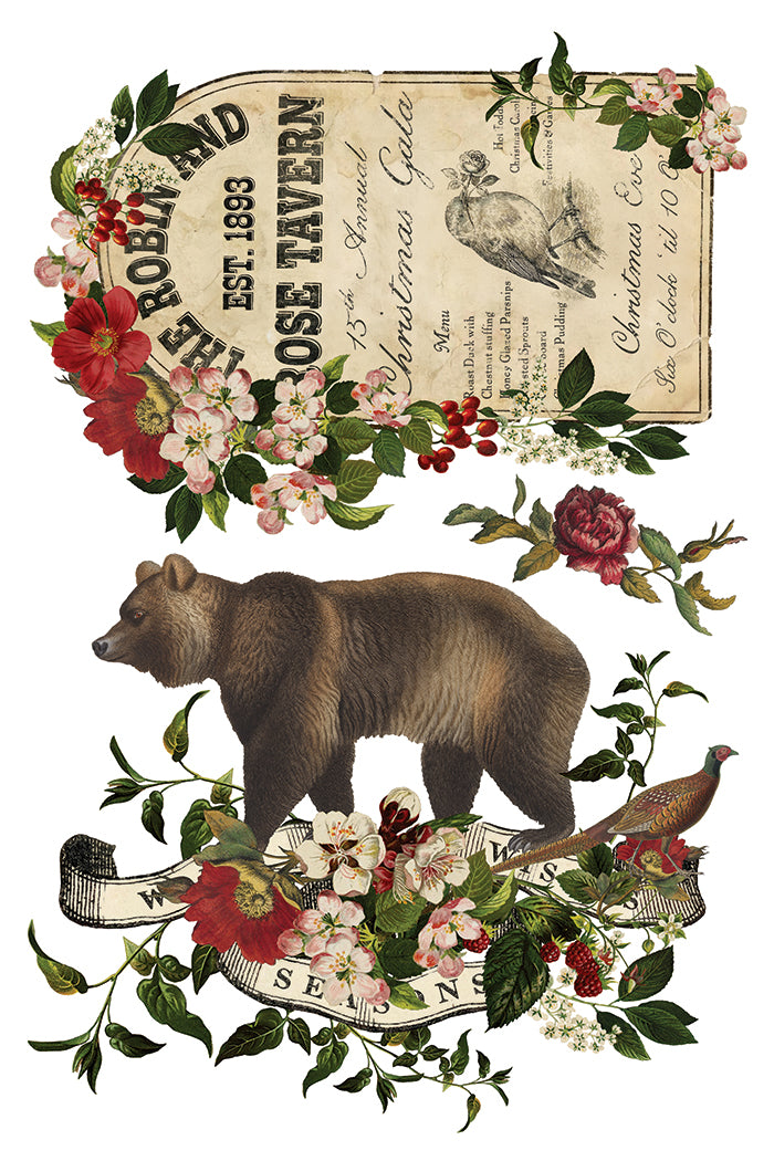 Stag Tavern IOD Transfer | 8x12 Vintage Woodland Christmas Decor Transfer by Iron Orchid Designs | Rustic Holiday Rub-On Transfer Set (Copy)