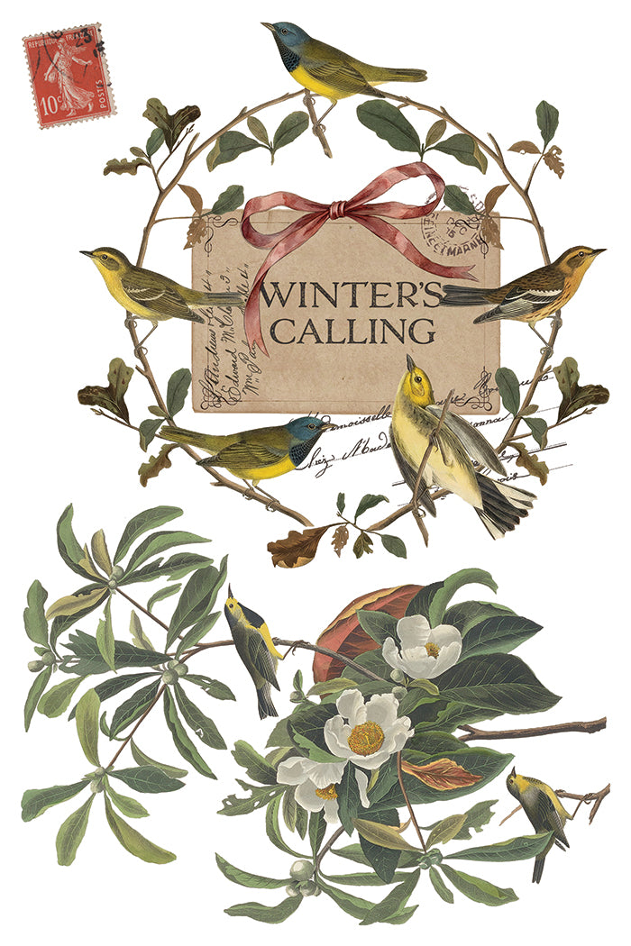 Winter's Calling IOD Transfer | 8x12 Vintage Winter Wildlife Decor Transfer by Iron Orchid Designs | Woodland Christmas Rub-On Transfer Set