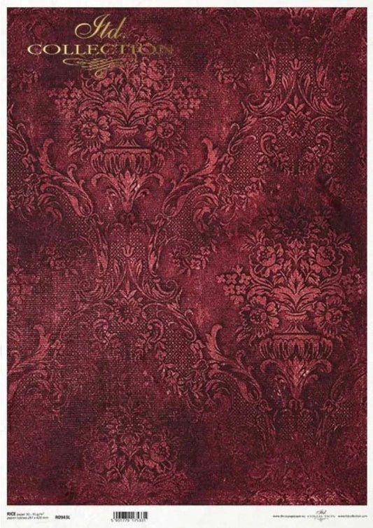 Decoupage Central Decoupage Paper A3 Maroon Damask Decoupage Rice Paper (ITD No. R0943L)