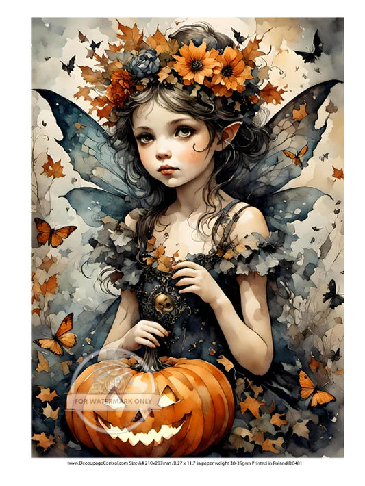 A4 Pumpkin Fairy Decoupage Rice Paper (DC481)