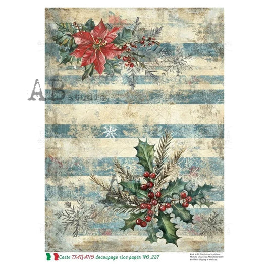 A4 Rustic Christmas Poinsettia Decoupage Rice Paper (Carte Italiano No. 227)