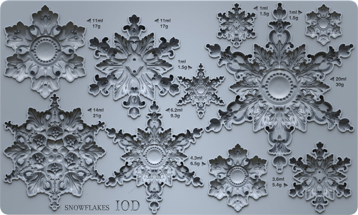 Snowflakes IOD Mould | 6x10 Detailed Snowflake Decor Mould by Iron Orchid Designs | Intricate Winter Christmas Silicone Casting Mould