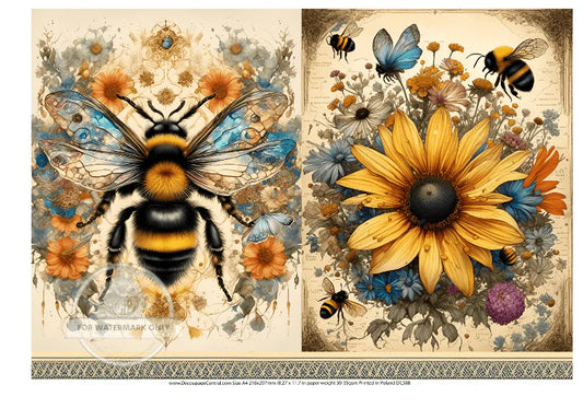 A4 Bee and Daisy Duo Decoupage Rice Paper (DC388)
