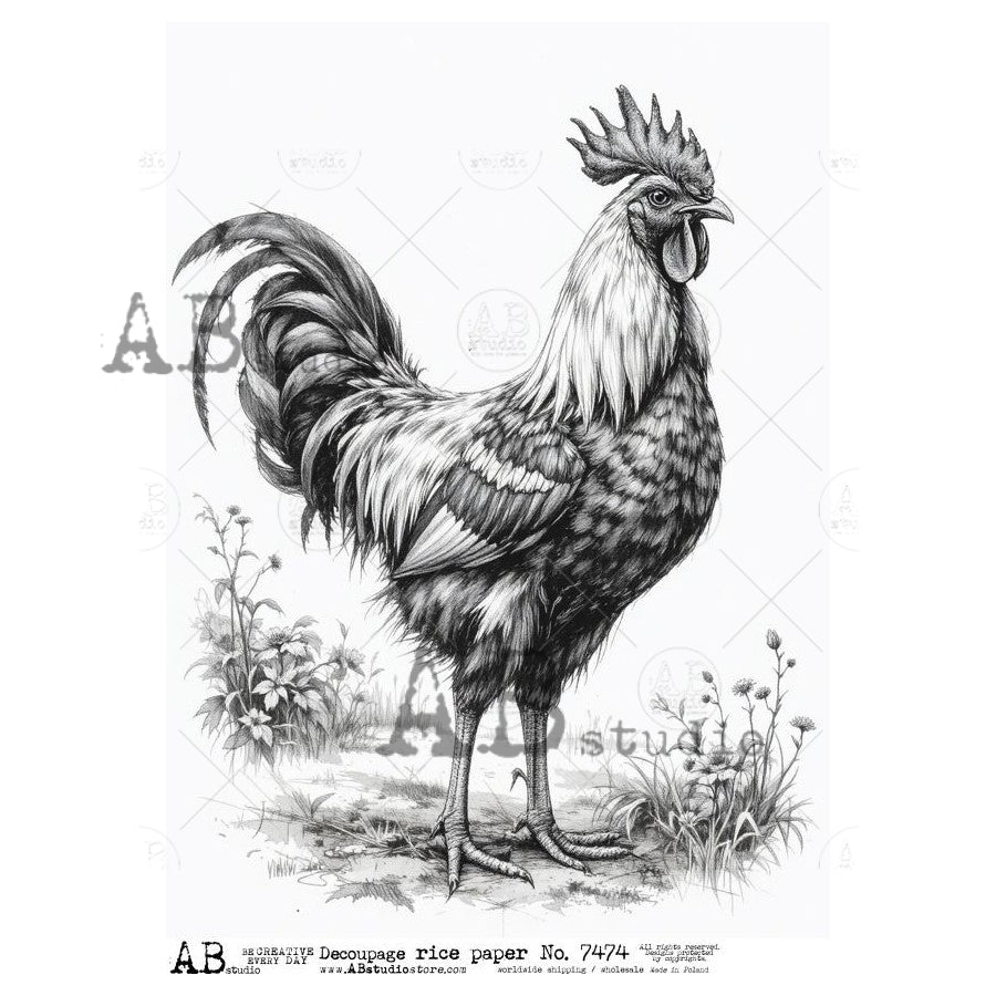 A4 Heirloom Rooster Decoupage Rice Paper (AB Studio ID-7474)