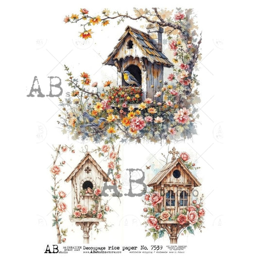 A4 Three Birdhouses Decoupage Rice Paper (AB Studio ID-7539)