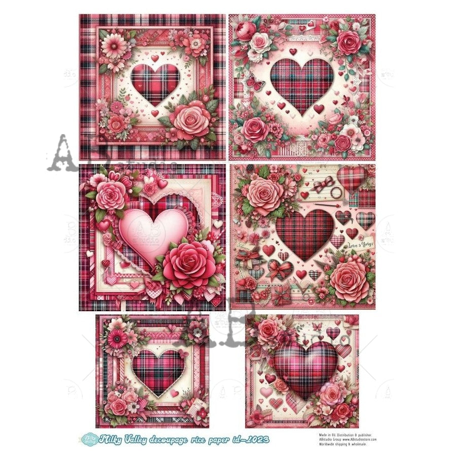A4 Plaid Heart Squares Decoupage Rice Paper (Milky Valley ID-1023)