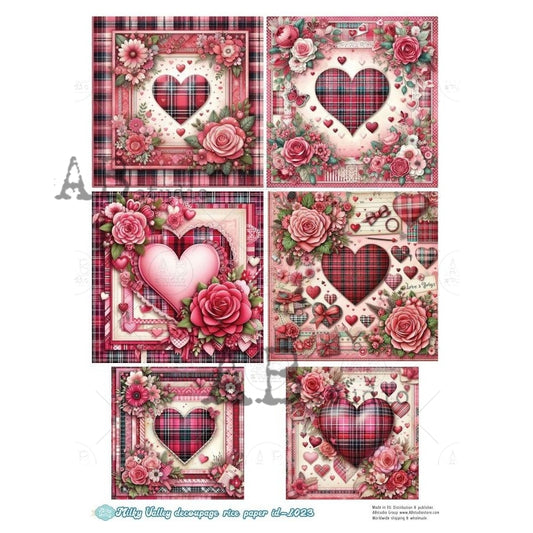 A4 Plaid Heart Squares Decoupage Rice Paper (Milky Valley ID-1023)