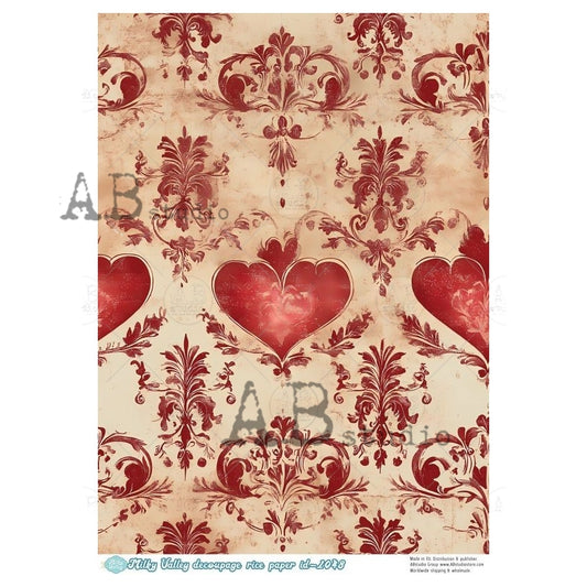 A4 Baroque Heart Damask Decoupage Rice Paper (Milky Valley ID-1048)