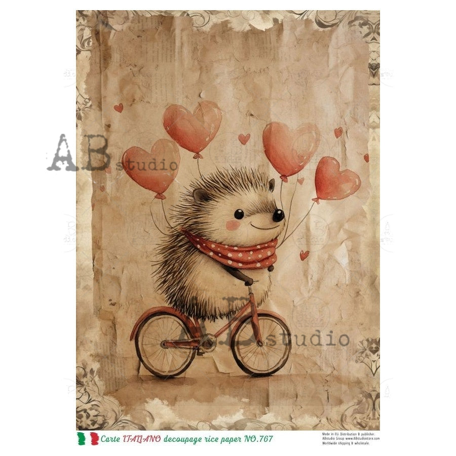 A4 Hedgehog on a Bike Decoupage Rice Paper (Carte Italiano No 767)