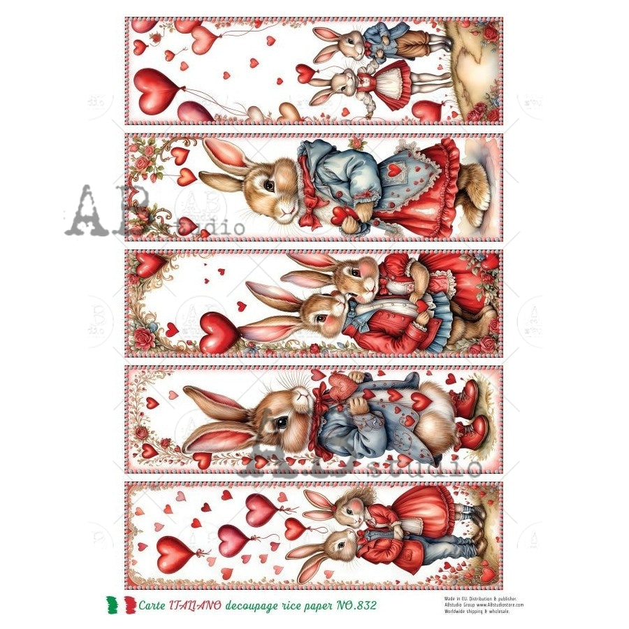 A4 Valentine's Bunny Squares Decoupage Rice Paper (Carte Italiano No 832)